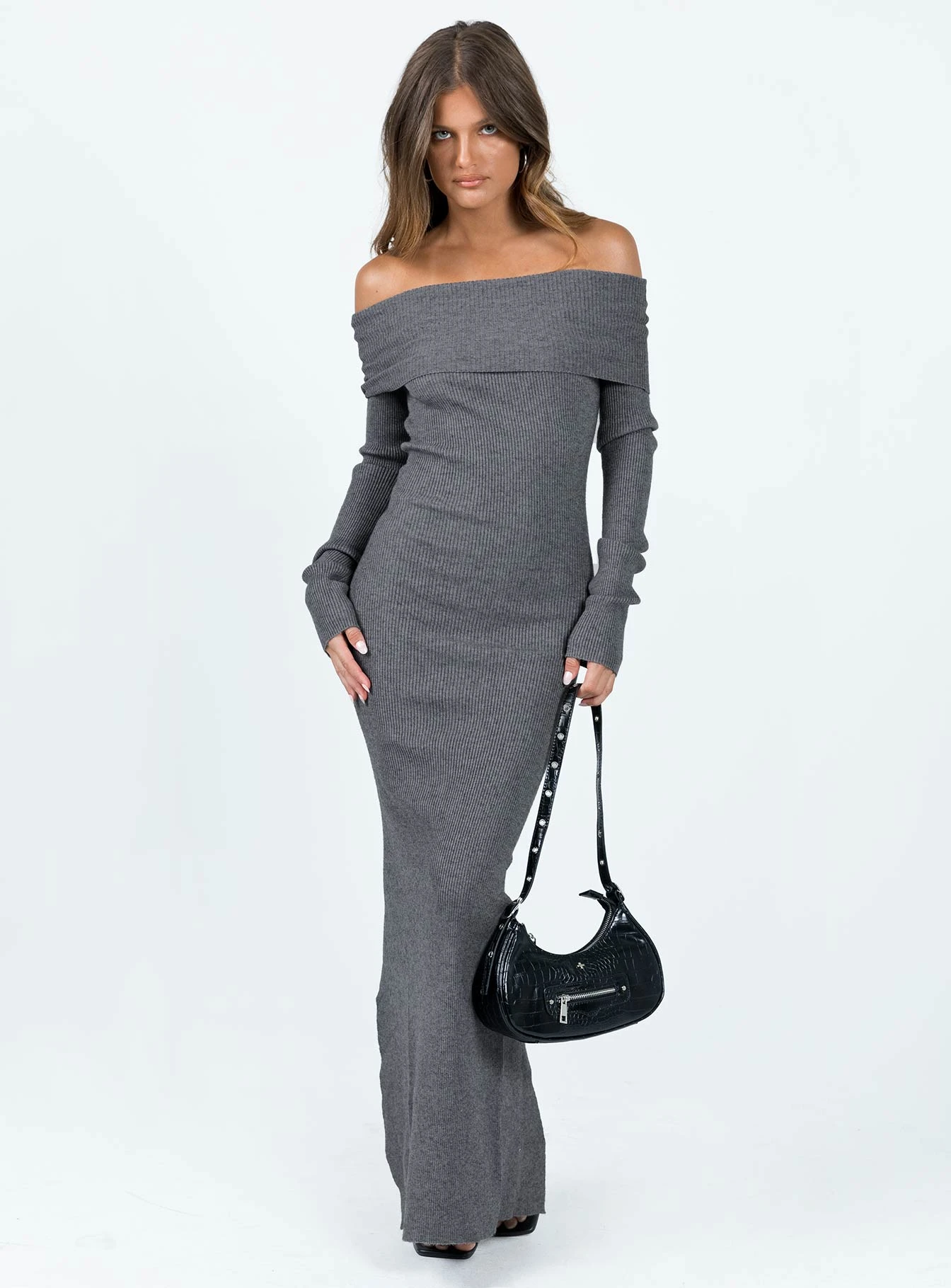 Princess Polly Phylis Off The Shoulder Maxi Dress Slate - Image 2