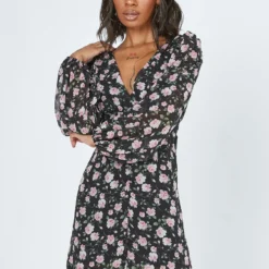 Princess Polly Darlia Long Sleeve Mini Dress Black Floral
