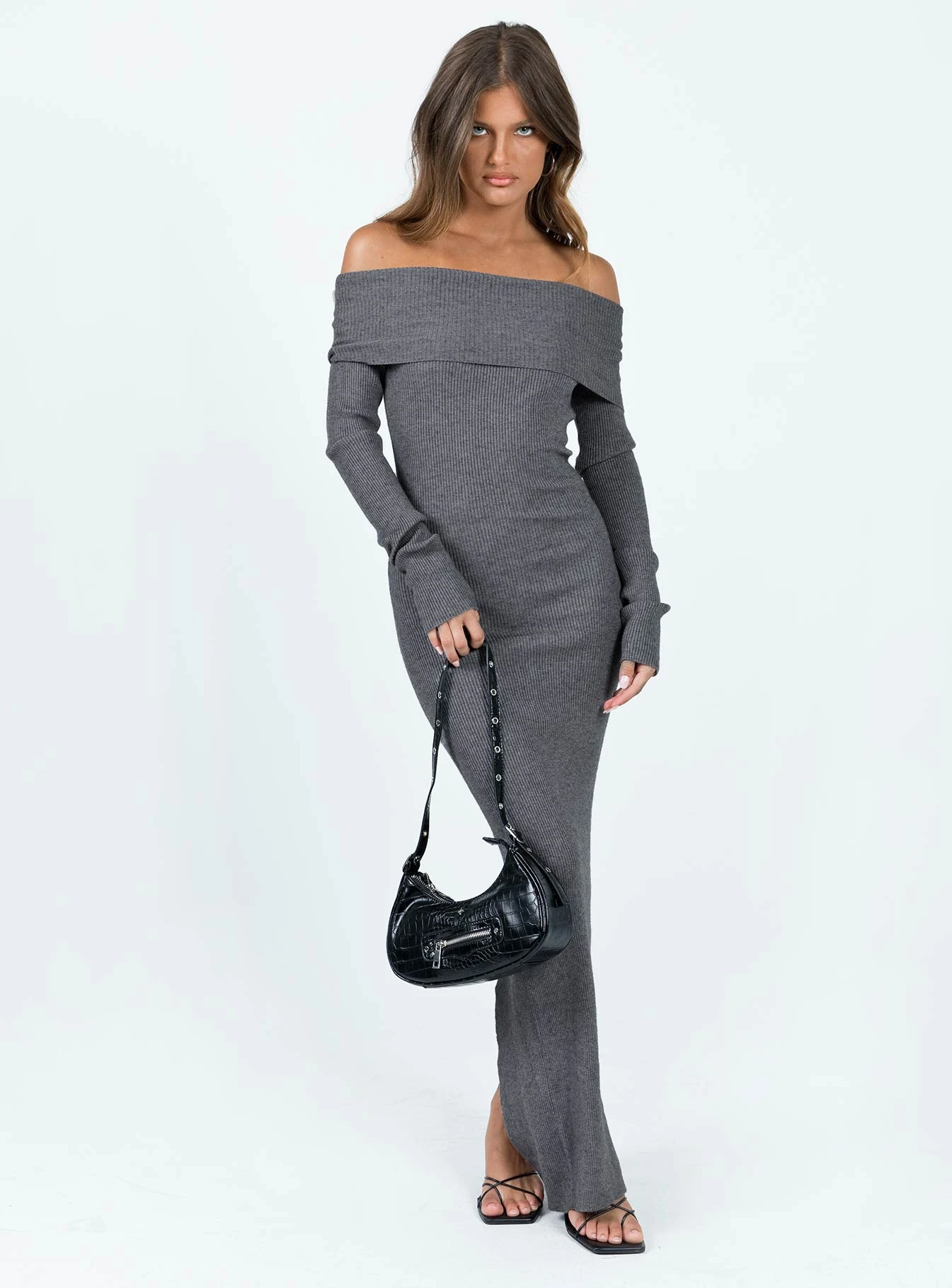 Princess Polly Phylis Off The Shoulder Maxi Dress Slate - Image 3