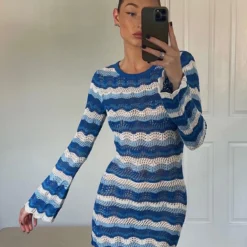 Princess Polly Leah Knit Mini Dress Blue / White